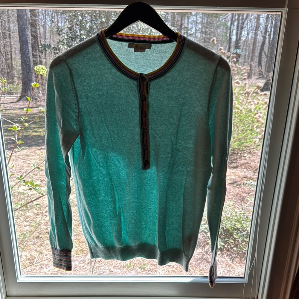 Teal Long Sleeve Sweater with Striped Trim